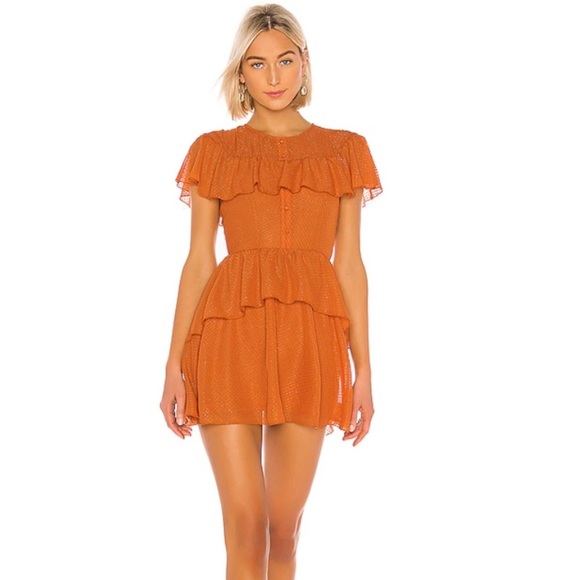House of Harlow X Revolve Mini Dress Ruffle Cap Sleeves Tiered Orange Size Small